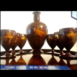 Vtg 60s tortoise shell gold lacquer Japanese koi fish tray goblet tea Saki set
